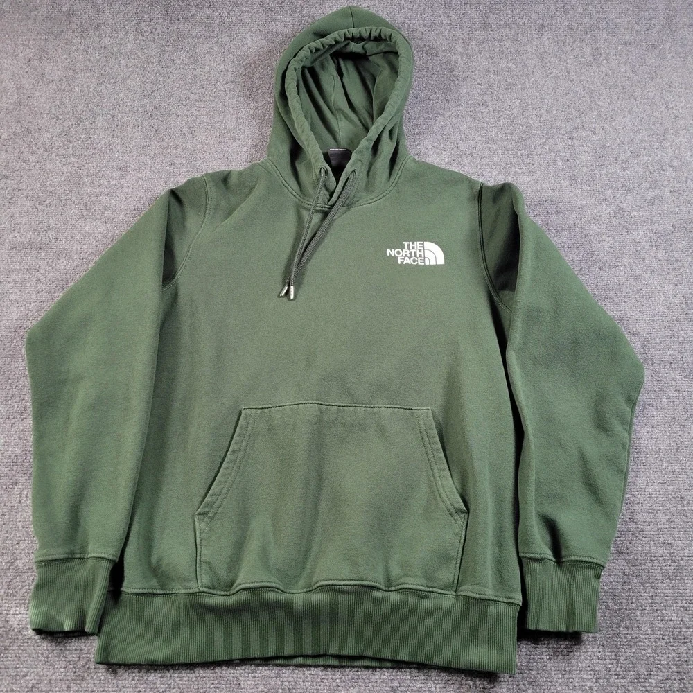 The North Face Hoodie Mens Small Green‎ Pullover Fleece Sweatshirt Graphic Back